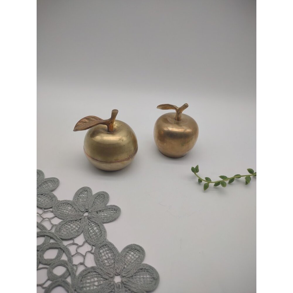 Vintage Pair of Brass Apple Bells, Stem Leaf, One has Copper, Teacher Gift, FLAW